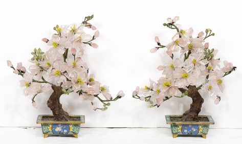 (lot of 2) Chinese hardstone bonsai cloisonne enamel planters