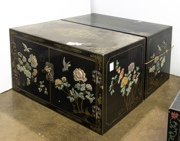 A Chinese black lacquered and hardstone inlaid two-section cabinet