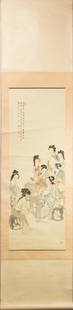 Chinese School - Female musicians: Chinese School - Female musicians. Hanging scroll, ink and color on paper, inscribed, signed, bearing three seals, 42.5"h x 14.75"w.