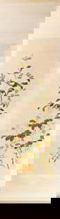 Chinese watercolor painting of flowers: Chinese watercolor painting of flowers. Hanging scroll, ink and color on silk, bearing a seal, 35"h x 12"w.