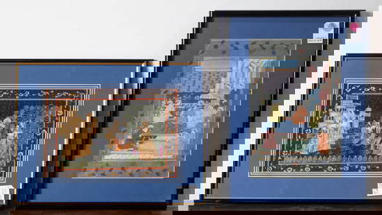 Paintings, Middle Eastern School (19th/20th century): (lot of 2) Indian School - Miniature paintings. Ink and color on canvas, framed and glazed, 7.375"h x 11.75"w to 11.75"h x 7.5"w.