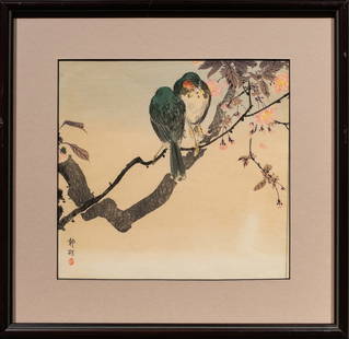 Okuhara Seiko (1831-1913) - Pair of Japanese Robins: Okuhara Seiko (1831-1913) - Pair of Japanese Robins. Woodblock print, signed and sealed, framed and glazed, 9.25"h x 9.5"w of the image.