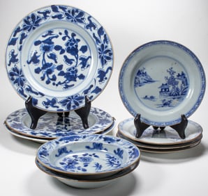 (lot of 9) Chinese export blue and white dishes and bowls