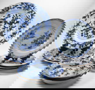 (lot of 9) Chinese export blue and white dishes and bowls: (lot of 9) Chinese export blue and white dishes and bowls. Featuring landscape and floral designs, 19th century. from 6.5" to 8.5" across.