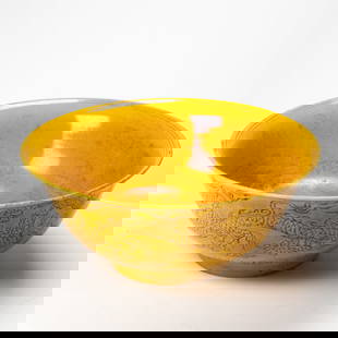 A Chinese yellow glazed dragon bowl: A Chinese yellow lazed dragon bowl. Decorated roundel of lingzhi inside, and the exterior featuring dragon with flaming pearl, Xuande six-character mark, 6.5" across.