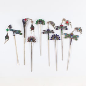 (lot of 8) Chinese white metal and glass hairpins