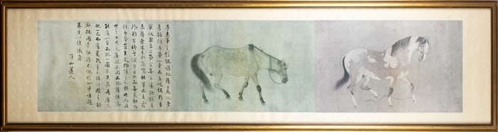 Framed Chinese print of two horses