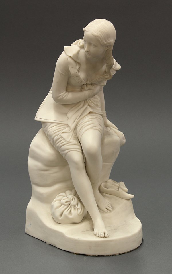 Minton Parian Bisque Figure depicting "The Traveller": Minton Parian Bisque Figure depicting "The Traveller", designed by John Bell Circa 1860, the lone traveller seated and gazing outward, her shoes and bag at her side, and rising on a shaped plinth, 14"