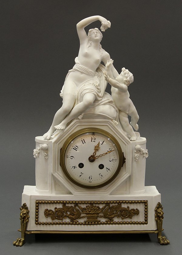 French parian and gilt bronze mantle clock: French parian and gilt bronze mantle clock, third quarter 19th century, the figural crest depicting a Classical scene above the enamel decorated dial having Arabic markers and rising on a rectangular 