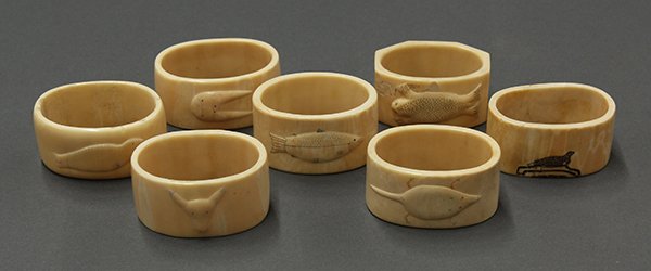 Group of carved napkin rings: (lot of 7) Carved napkin rings, 19th century, each depicting sealife and wild life, largest 2.5"w