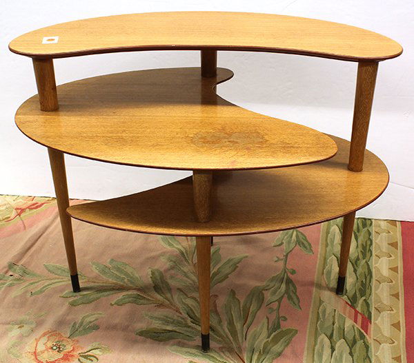 Brown Saltman 3 tier side table circa 1950: John Keal (b. 1920) three tier side table, manufactured by Brown Saltman of California from 1950-1955. Constructed of bleached mahogany boomerang shapes connected by tapered round legs with brass sabo