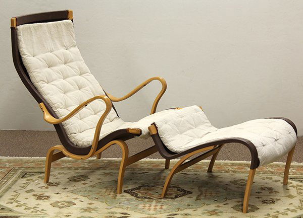 "Pernilla" Chair and Ottoman, by Bruno Mathsson: "Pernilla" Chair and Ottoman, by Bruno Mathsson. Branded "Bruno Mathsson by Dux, and made of laminated bentwood with later upholstery. Chair: 39"h. x 11-16"seat h. x 30"w. 33"d. Ottoman: 11-16"h. x 24