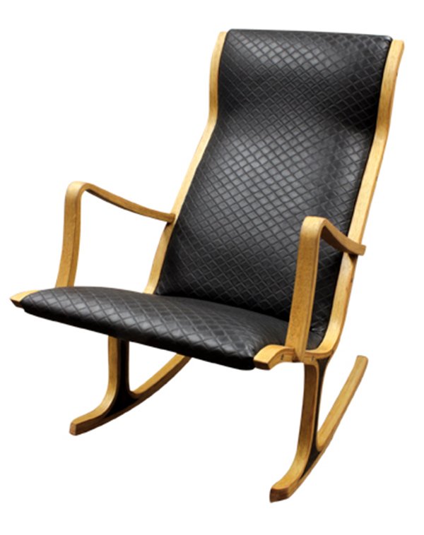 Mitsumasa rocker for Tendo Mokko 1966: Mitsumasa rocker for Tendo Mokko 1966, Winner of the 1996 Kitaro Kunii Industrial Arts Prize, Education: Chiba University; Danish National Engineering Lab, Japanese Oak, Macha Black diamond embossed v