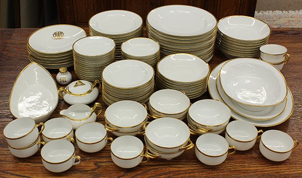 Haviland porcelain gilt rimmed dinner service: (lot of 107) Haviland porcelain gilt rimmed dinner service for eight plus extras including 12 dinner plates 9.75'', 12 salad plates 7.5'', 11 bread & butter plates 6.25'', 8 soup bowls 7.5'', 8 consum