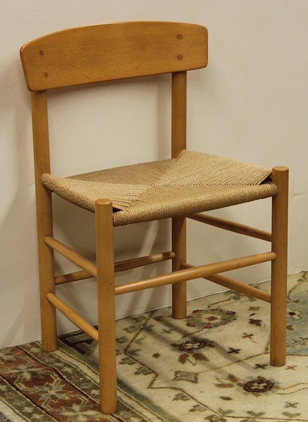 Borge Morgensen dining chairs: (lot of 4) Borge Mogensen Chairs, Classic Design, Denmark, circa 1947. Constructed of solid, blonde, beech frames with exposed joinery and woven Danish cord seats. 29.5"h. x 19"w. x 16.5"d. 17.5"h. se