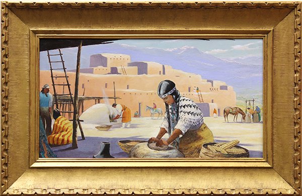 Carl Ivar Gilbert, "Pueblo Village," oil on canvas: Carl Ivar Gilbert (American, 1882-1959), "Pueblo Village," oil on canvas, signed lower right, titled verso, canvas: 13.75"h x 25.25"w, overall (with frame): 21.25"h x 32.5"w