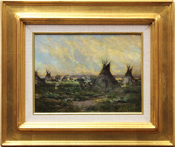 Manuel Valencia, Vast Sky over Teepees, oil on board: Manuel Valencia (Californian, 1856-1935), Vast Sky over Teepees, oil on board, signed lower right, board: 8.75"h x 11.75"w, overall (with frame): 15.5"h x 18.5"w