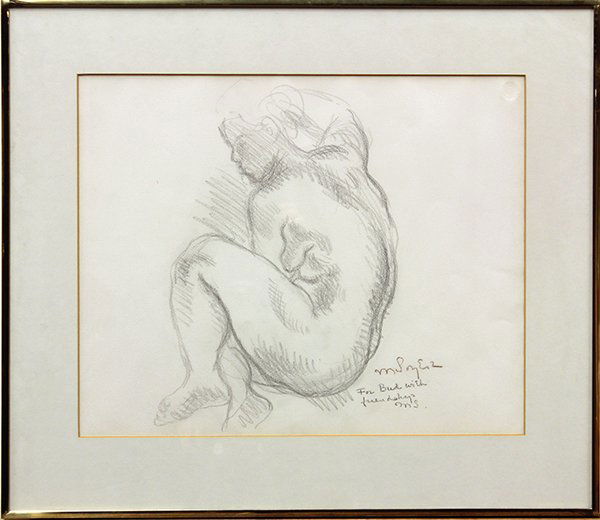 Moses Soyer, Female Nude, charcoal on paper: Moses Soyer (American, 1899 - 1974), Female Nude, charcoal on paper, signed and dedicated lower right, sight: 14.5"h x 18"w, overall: 21"h x 24"w