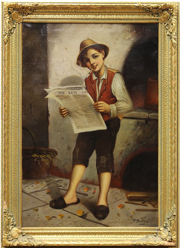 Francois Xavier Bricard, Boy Reading the News, oil on c: Francois Xavier Bricard (French, 1881-1935), Boy Reading the News, oil on canvas, signed lower right, canvas: 30.25"h x 20"w, overall: 36"h x 25.75"w