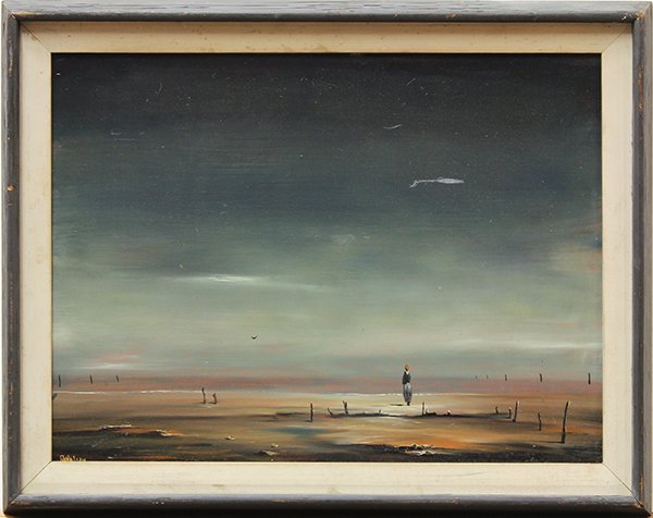 Robert Watson, Surreal Landscape, oil on board: Robert Watson (Californian, 1923-2004), Surreal Landscape, signed lower left, oil on board, board: 12"h x 16"w, overall: 14.75"h x 18.75"w. Provenance: Owned by Norman Cousins; editor, social activist