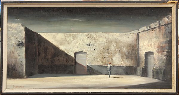 Robert Watson, Desolate Building, oil on canvas: Robert Watson (Californian, 1923-2004), Desolate Building, 1953, signed lower left, oil on canvas, canvas: 20"h x 40"w, overall: 23"h x 43"w. Provenance: Owned by Norman Cousins; editor, social activi