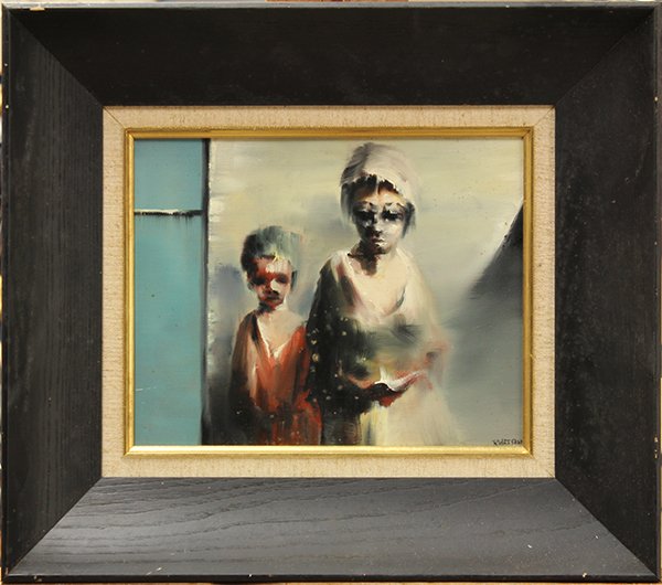 Robert Watson, "Refugees," oil on canvas: Robert Watson (Californian, 1923-2004), "Refugees," signed lower right, oil on canvas, canvas: 8"h x 10"w, overall: 13.5"h x 15.5"w, Maxwell Galleries label verso. Provenance: Owned by Norman Cousins;