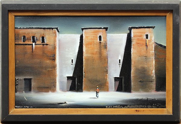 Robert Watson, Figure with Desolate Buildings, oil on c: Robert Watson (Californian, 1923-2004), Figure with Desolate Buildings, 1959, signed, dedicated and dated lower left, oil on canvas, canvas: 8"h x 13.5"w, overall: 10.5"h x 15.5"w. Provenance: Owned b