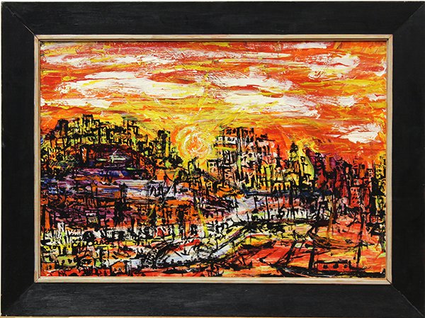 Pascal Cucaro, View of Municipal Pier, San Francisco, o: Pascal Cucaro (Californian, 1915-2004), View of Municipal Pier, San Francisco, oil on board, signed lower left, board: overall: 19"h x 27"w, overall: 24.25"h x 32.75"w