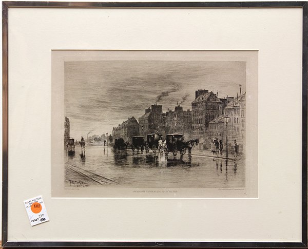 Felix Hilaire Buhot, "Une Matinee d'Hiver au quai de l': Felix Hilaire Buhot (French, 1847-1898), "Une Matinee d'Hiver au quai de l'Hotel Dieu," etching, signed within the plate lower left, publication line within lower margin, image: 8.5"h x 12.25"w, overa