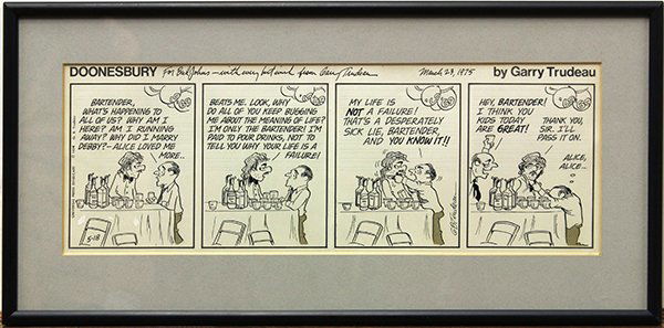 Gary Trudeau, Doonesbury Daily Comic, ink on paper: Gary Trudeau (American, b. 1948), Doonesbury Daily Comic, 1974, ink on paper, signed in third strip, published by Universal Press Syndicate, dedicated, signed, and dated upper margin, sight: 5.25"h x
