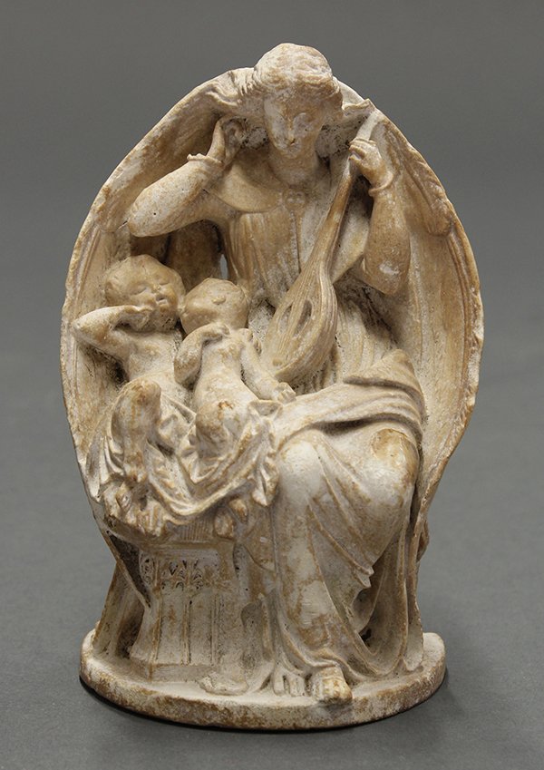 Continental School, Angel with Lute and Infants, carved: Continental School (18th/19th century), Angel with Lute and Infants, carved bone sculpture, overall: 5.75"h x 3.25"w x 2.25"d. Provenance: Deaccessioned from the Art, Design & Architecture Museum - Un