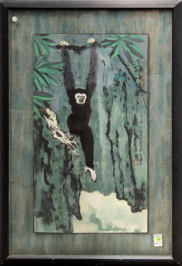 Framed Lithography, Zhang Daqian, Hanging Gibbon: Zhang Daqian (Chinese, 1899-1983), Hanging Gibbon Over the Autumn Stream, color lithograph, the right with a colophon dated the 63rd year of the Republic, with signature 'Yuan' and two seals, print: 2