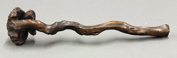 Chinese Wooden Ruyi Scepter: Chinese wood ruyi scepter, reputed to be chenxiang wood, with a gnarled shaft with two lingzhi heads, 11"l