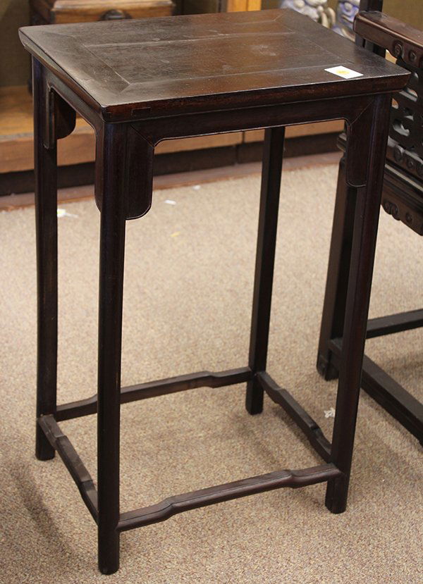 Chinese Hardwood Flower Stand: Chinese mixed hardwood flower stand, inset with a rectangular floating panel within a plain frame, all above a plain bead apron and with spandrels joined to the long slender legs, joined to humpback s