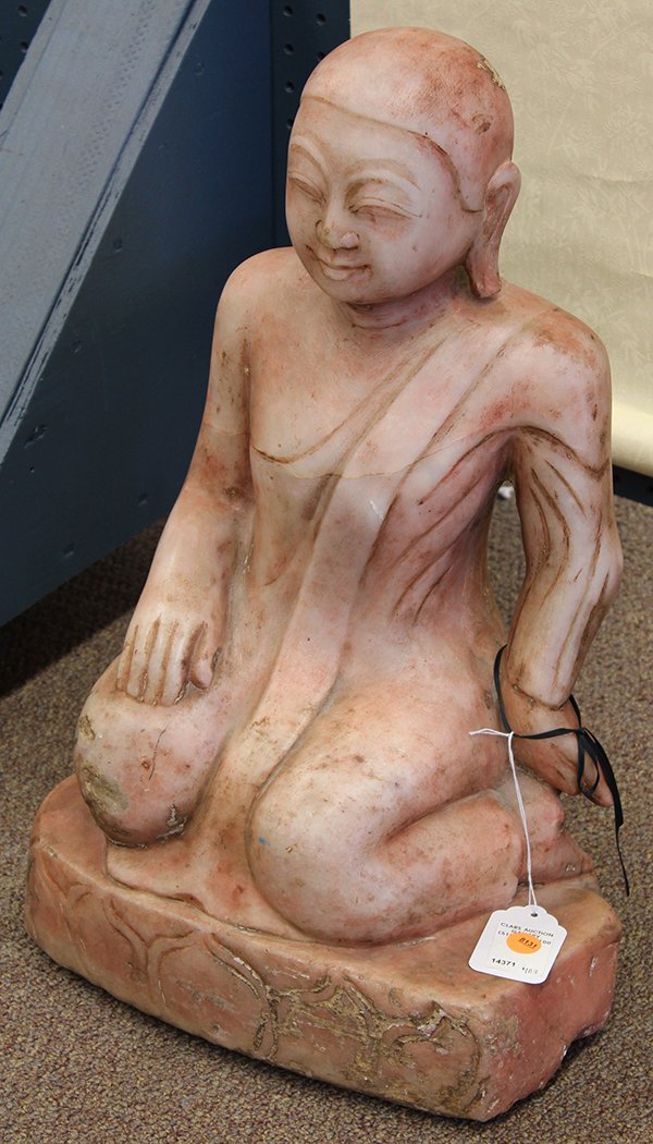 Burmese Marble Buddhist Figure: Burmese marble figure of a Buddhist monk, seated in vajrasana with the right hand on his right knee and the left hand on his hip, all raised on a plinth, 22"h