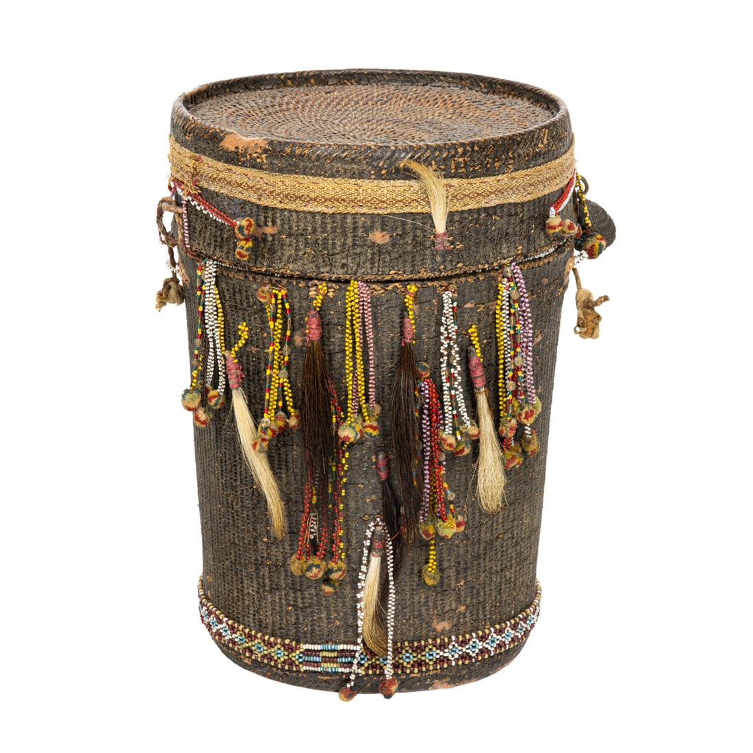 A Bogodo woven carrying case: A Bogodo woven carrying case. From Central Africa, early 20th century, 1.5"h x 8"w. Provenance: Naomi Lindstrom