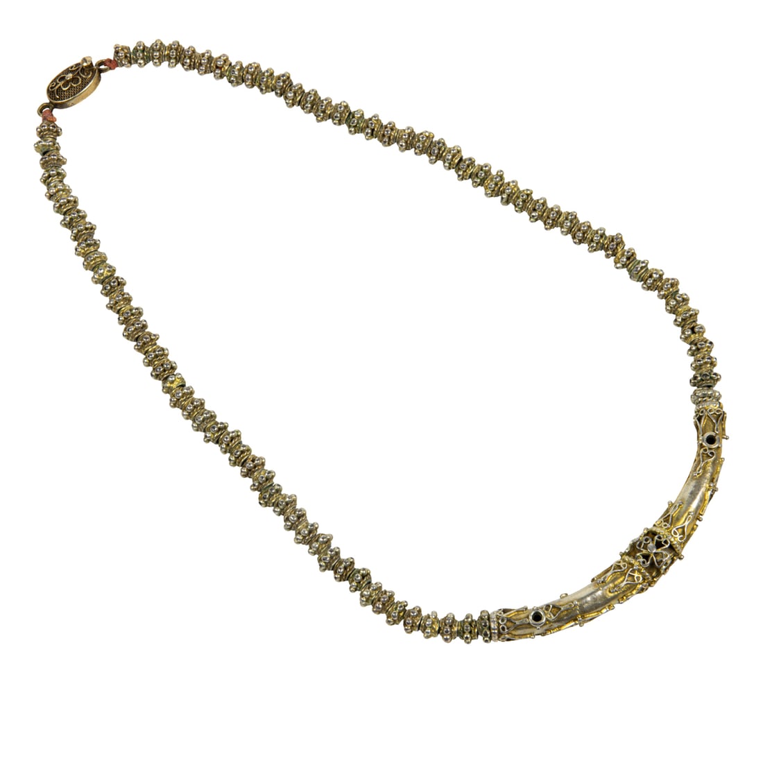 A silver bead necklace with granulation and wire applique from Sri Lanka: A silver bead necklace with granulation and wire applique from Sri Lanka. 13.5" long. Provenance: Naomi Lindstrom