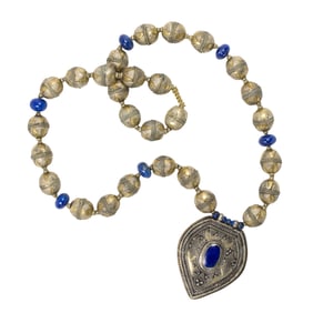 An Indian silver and lapis lazuli bead necklace and pendant