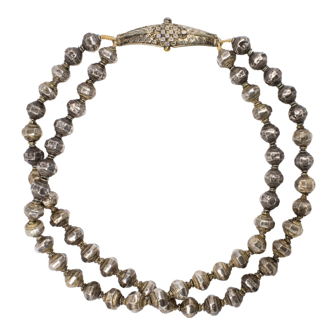 An Indian silver double-strand bead necklace with curved clasp (1 of 2)
