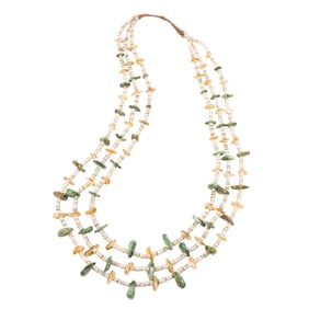 A Navajo triple-strand turquoise and white shell heishi bead necklace