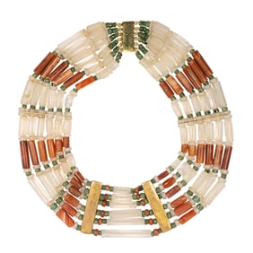 A Pre-Columbian Tairona carnelian, rock crystal, green stone and gold bead necklace