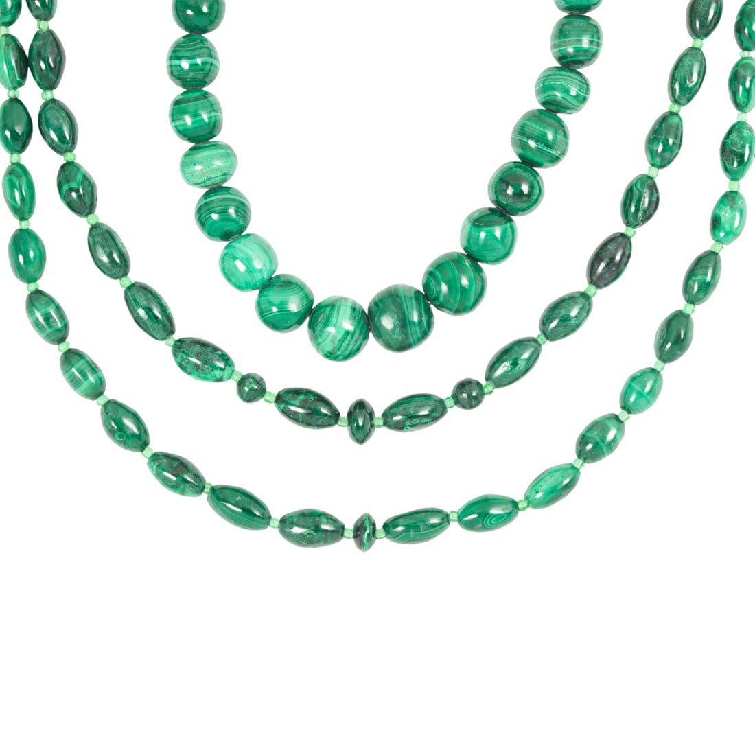 (lot of 3) Malachite necklaces from Zaire: (lot of 3) Malachite necklaces from Zaire. 20th century, from 16" to 22" long. Provenance: Naomi Lindstrom