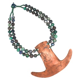 A group of azurite beads with a colonial copper ax money from Mexico