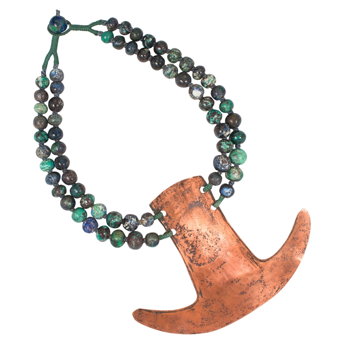 A group of azurite beads with a colonial copper ax money from Mexico (1 of 2)