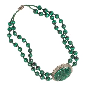 A Chinese double-strand malachite bead necklace and pendant