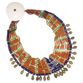 An antique Konyak necklace of European and Indian glass beads with brass accents