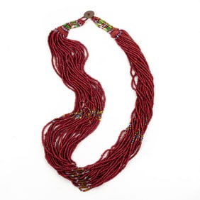 A Naga Konyak multi-strand red and multi-colored glass bead necklace