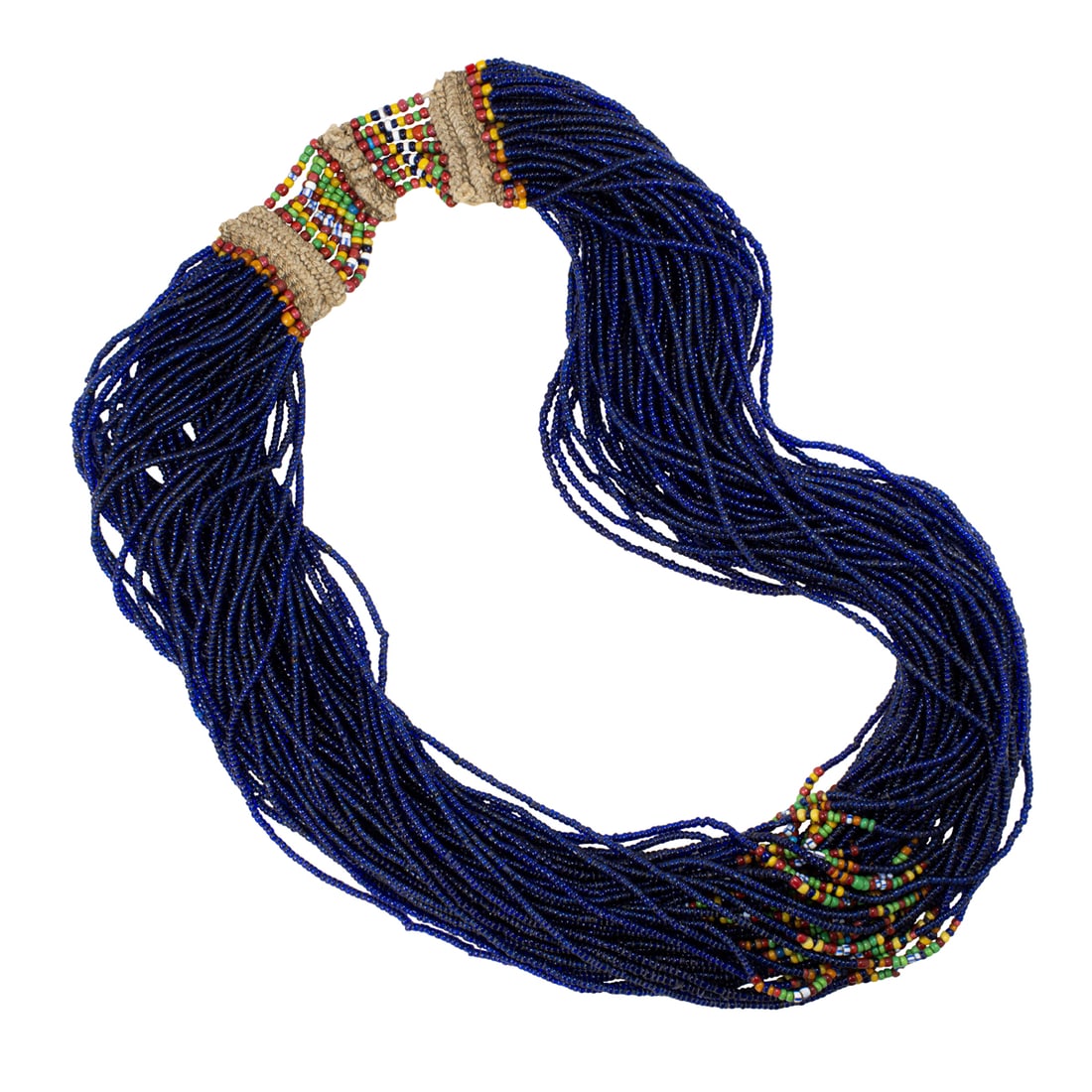 A Naga Konyak multi-strand blue glass bead necklace: A Naga Konyak multi-strand blue glass bead necklace. 20th century, 30" long. Provenance: Naomi Lindstrom