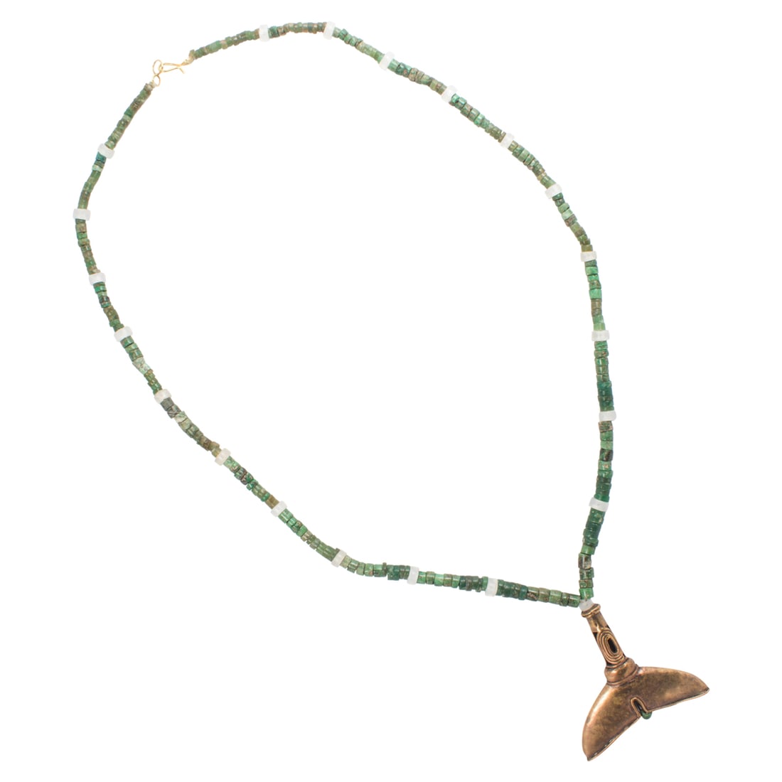 An ancient green and clear glass beads with bronze pendant: An ancient green and clear glass beads with bronze pendant. Possibly from ancient Egypt, 23" long. Provenance: Naomi Lindstrom