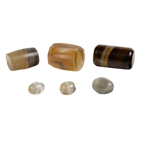 (lot of 6) Chinese banded agate beads and one imitation agate glass bead